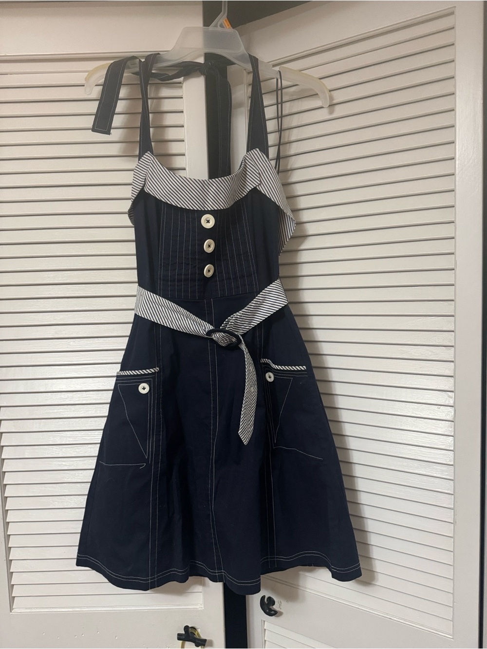 Navy Sailor-Inspired A-Line Dress with Striped Trim